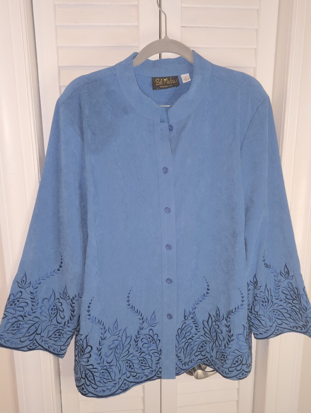 Bob Mackie Wearable Art Faux Suede Embroidered Jacket Blue Button Front Large